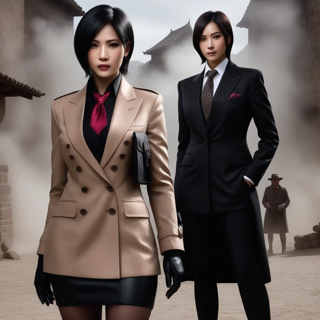 Ultra-realistic extremely detailed real life 8k masterpiece of a gorgeous asian woman re ada wong wearing (((skirt suit))), (((three-piece suit))), (((dress shirt))), (((necktie))), (((blazer))), (((black lapel))), (((suit jacket))), ((waistcoat)), double-breasted waistcoat, (((bodycon miniskirt))), pocket square, cufflinks, tie clip , tailored suit,, extremely detailed facial features, dark scary epic lighting, horror composition