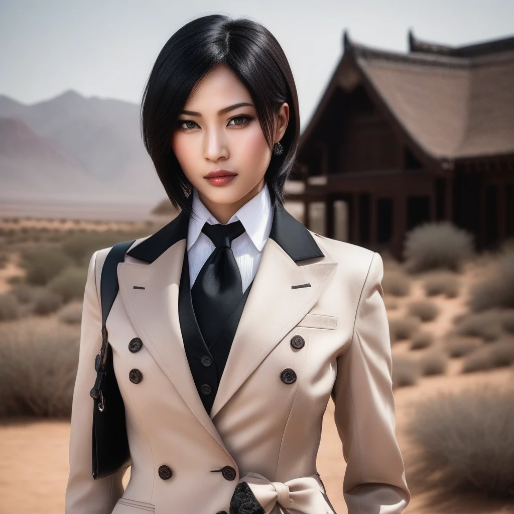 Ultra-realistic extremely detailed real life 8k masterpiece of a gorgeous asian woman re ada wong wearing (((skirt suit))), (((three-piece suit))), (((dress shirt))), (((necktie))), (((blazer))), (((black lapel))), (((suit jacket))), ((waistcoat)), double-breasted waistcoat, (((bodycon miniskirt))), pocket square, cufflinks, tie clip , tailored suit,, extremely detailed facial features, dark scary epic lighting, horror composition