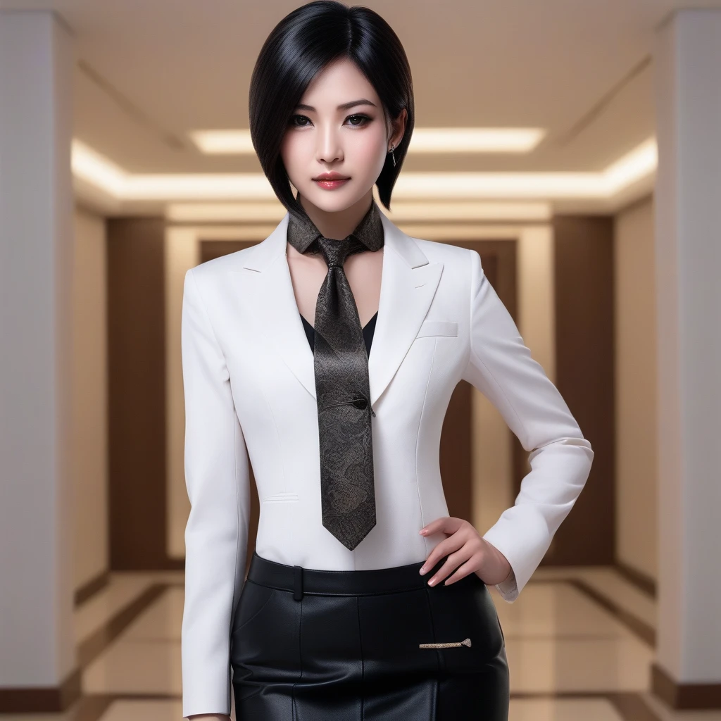 Ultra-realistic extremely detailed real life 8k masterpiece of a gorgeous asian woman re ada wong wearing (((skirt suit))), (((three-piece suit))), (((dress shirt))), (((necktie))), (((blazer))), (((black lapel))), (((suit jacket))), ((waistcoat)), double-breasted waistcoat, (((bodycon miniskirt))), pocket square, cufflinks, tie clip , tailored suit,, extremely detailed facial features, dark scary epic lighting, horror composition