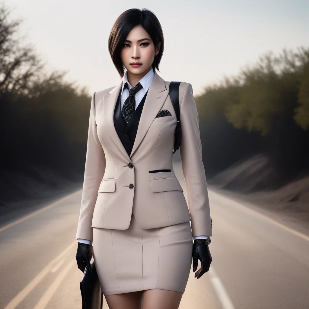 Ultra-realistic extremely detailed real life 8k masterpiece of a gorgeous asian woman re ada wong wearing (((skirt suit))), (((three-piece suit))), (((dress shirt))), (((necktie))), (((blazer))), (((black lapel))), (((suit jacket))), ((waistcoat)), double-breasted waistcoat, (((bodycon miniskirt))), pocket square, cufflinks, tie clip , tailored suit,, extremely detailed facial features, dark scary epic lighting, horror composition