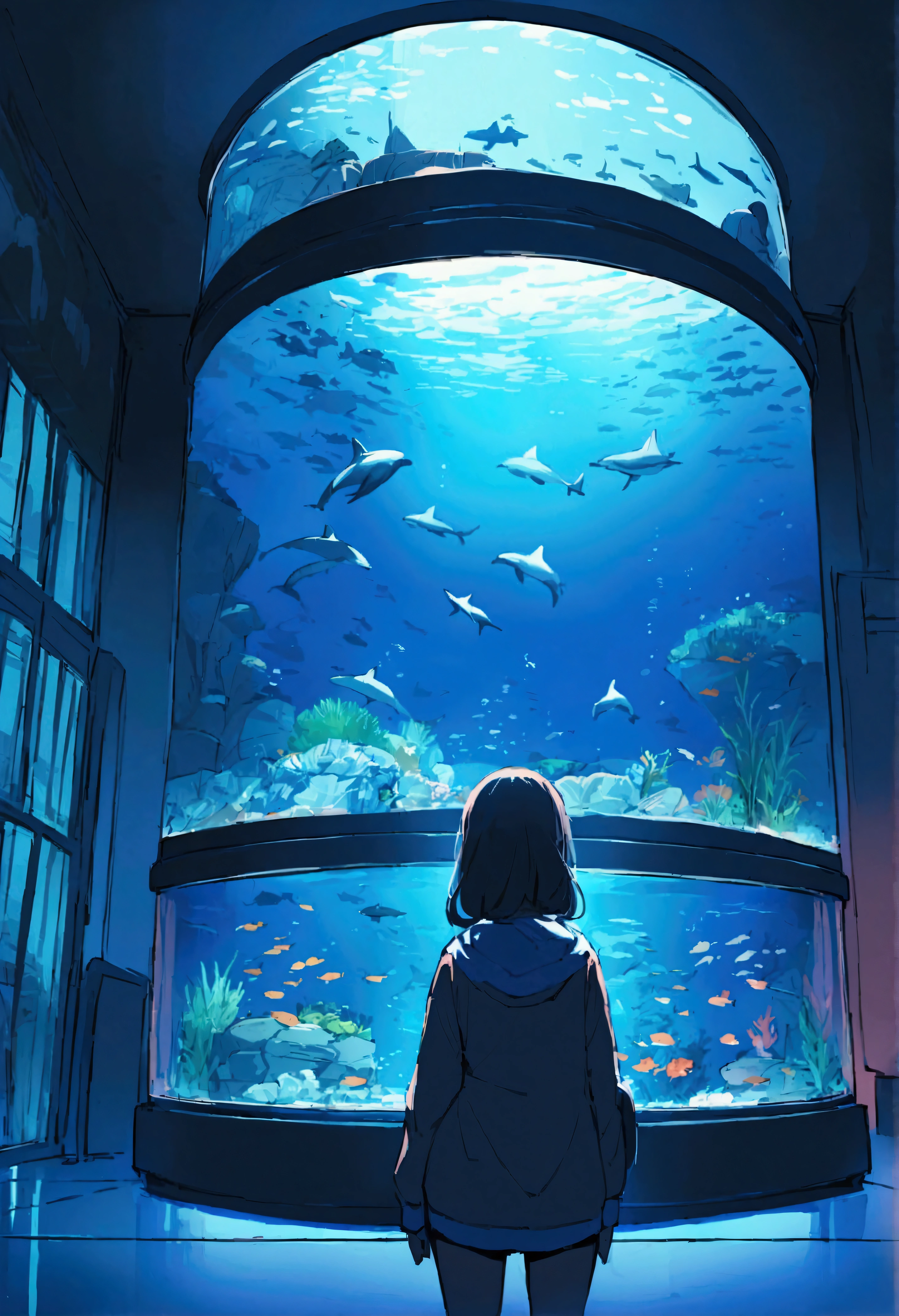 aquarium、A girl standing in front of a huge aquarium、Large single glass aquarium、Dimly lit interior、Quiet atmosphere、Girl looking up at a fish tank、There is a girl in the center、Angle of view from the rear、A tank much taller than the girl、Dolphin tank、A very wide aquarium