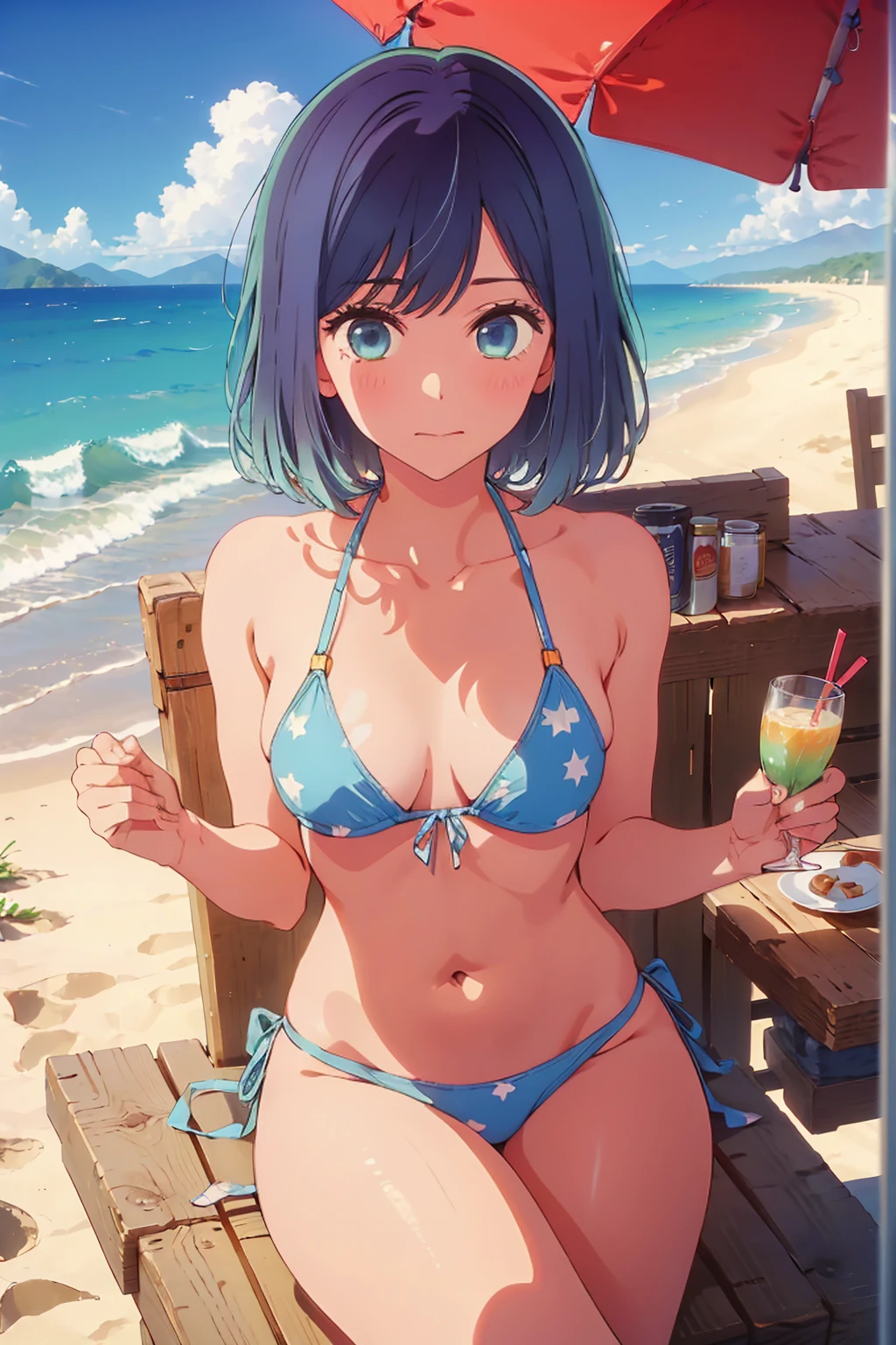 (Highest quality:1.4、masterpiece:1.4、Super detailed:1.4、8K:1.4)、((((1 person、Surprised expression、sit、Cafe Terrace、coastal、juice、table、Sandy Beach、juiceのグラスを持つ、Very soft boobs、Big eyes、Very cute face))))、(Nipples、Areolas protrude from bikini:1.4)、F cup bust、Medium breast、Underboob