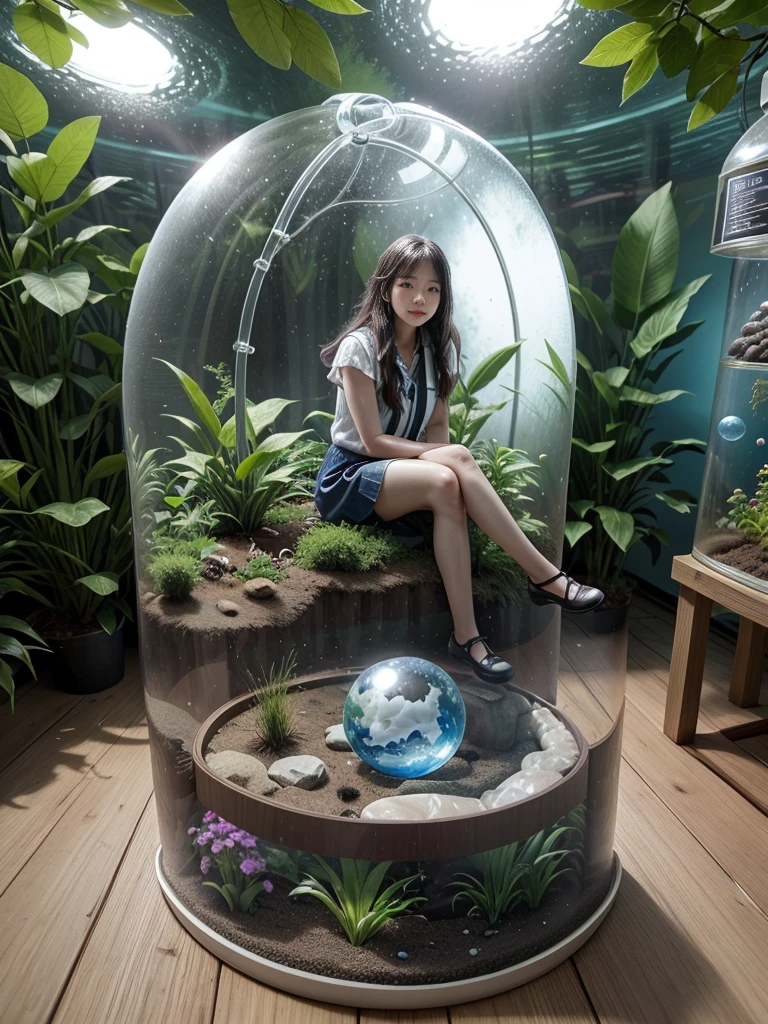 (In 8K、Highest quality、masterpiece:1.2)、(Realistic、Photorealistic:1.2)、、、There is a girl sitting in a bubble in the garden., Photo credit: AP, Fulldome, 超Realistic, Biopod, Water flows in the terrarium, Sitting on a cryopod, Biodome, 超Realistic, Full shot of the landscape, Inside the globe, Awe-inspiring Awards, in the zoo exhibit, Unusual configuration