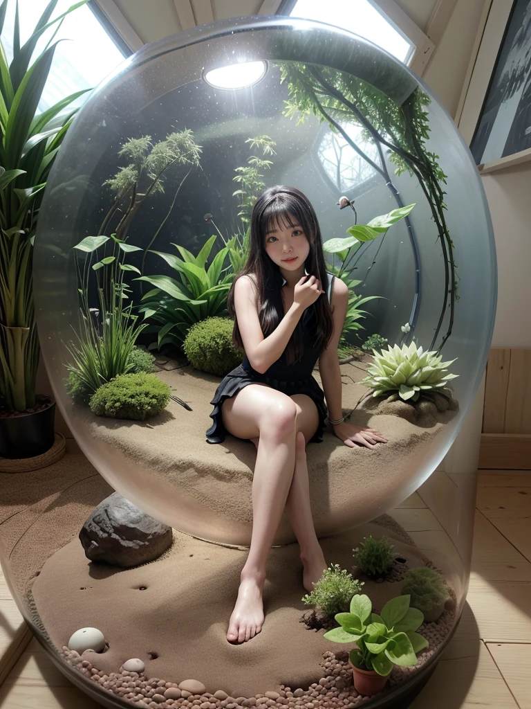 (In 8K、Highest quality、masterpiece:1.2)、(Realistic、Photorealistic:1.2)、、、There is a girl sitting in a bubble in the garden., Photo credit: AP, Fulldome, 超Realistic, Biopod, Water flows in the terrarium, Sitting on a cryopod, Biodome, 超Realistic, Full shot of the landscape, Inside the globe, Awe-inspiring Awards, in the zoo exhibit, Unusual configuration