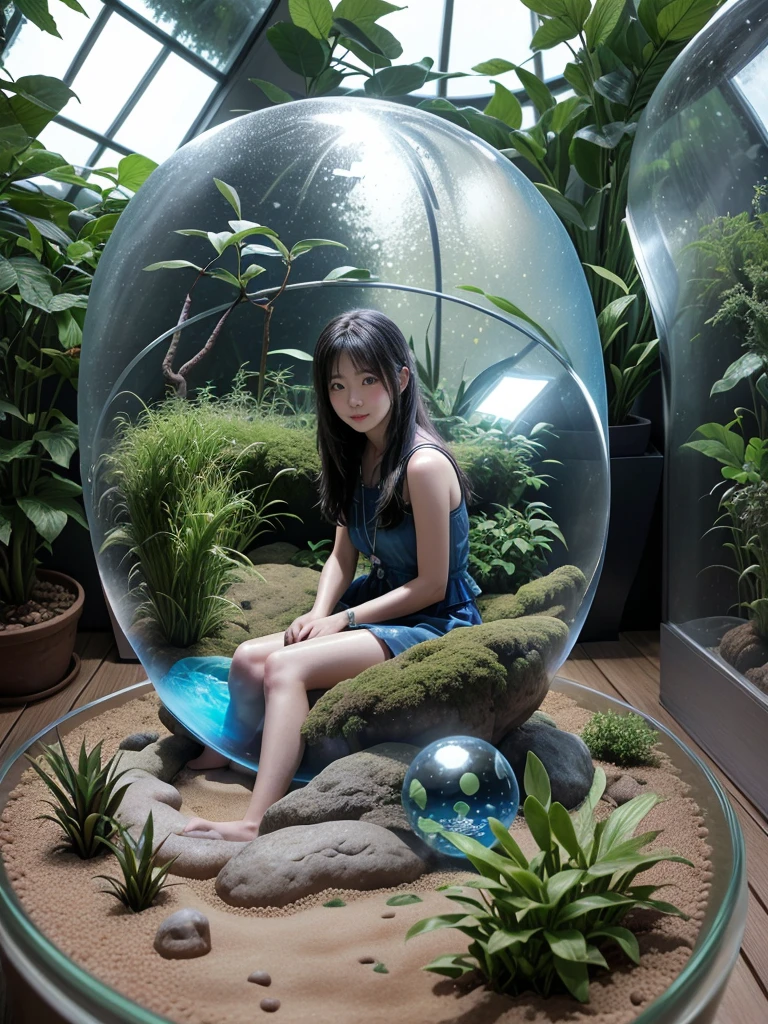 (In 8K、Highest quality、masterpiece:1.2)、(Realistic、Photorealistic:1.2)、、、There is a girl sitting in a bubble in the garden., Photo credit: AP, Fulldome, 超Realistic, Biopod, Water flows in the terrarium, Sitting on a cryopod, Biodome, 超Realistic, Full shot of the landscape, Inside the globe, Awe-inspiring Awards, in the zoo exhibit, Unusual configuration