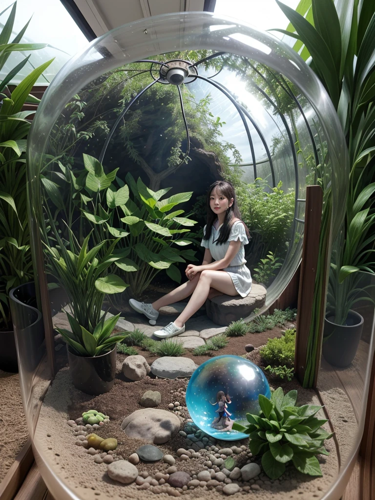 (In 8K、Highest quality、masterpiece:1.2)、(Realistic、Photorealistic:1.2)、、、There is a girl sitting in a bubble in the garden., Photo credit: AP, Fulldome, 超Realistic, Biopod, Water flows in the terrarium, Sitting on a cryopod, Biodome, 超Realistic, Full shot of the landscape, Inside the globe, Awe-inspiring Awards, in the zoo exhibit, Unusual configuration