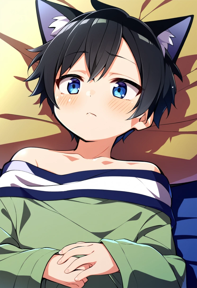 one boy, cat ears, black hair, naive, 10 years old, off shoulder, short hair, cool, shota, cute, sleepy, light blue eyes, androgynous
