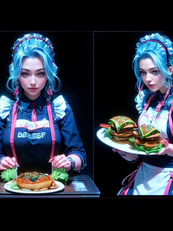 top quality, future world, State-of-the-art robot, Beautiful Woman, flying hair, Transformed into a cyborg except for the face,  Transformed into a cyborg except for the shoulder, sexy images, whole body photo, back view, (((fast food, waitress, apron, burger, fried chip, food tray, table )))