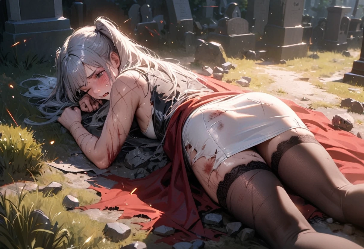 (best quality), (masterpiece), high res, all detailed, perfect anatomy, realistic, (two side up), long hair, silver hair, (red pencil Dress, single shoulders armor with Cape, pencil miniskirt), [black thigh-highs], [white panties], (injury skin, scar skin, bleeding skin, torn clothes:1.1), Broken Armor, BREAK NSFW, solo, 1girl, lying, (on stomach, from behind), (one eye closed, cry, tears), sigh, blush, sweat, (outdoors, graveyard), sparks, shockwave, stone Debris, cinematic lighting, diffraction spikes, (from above), three quarter view