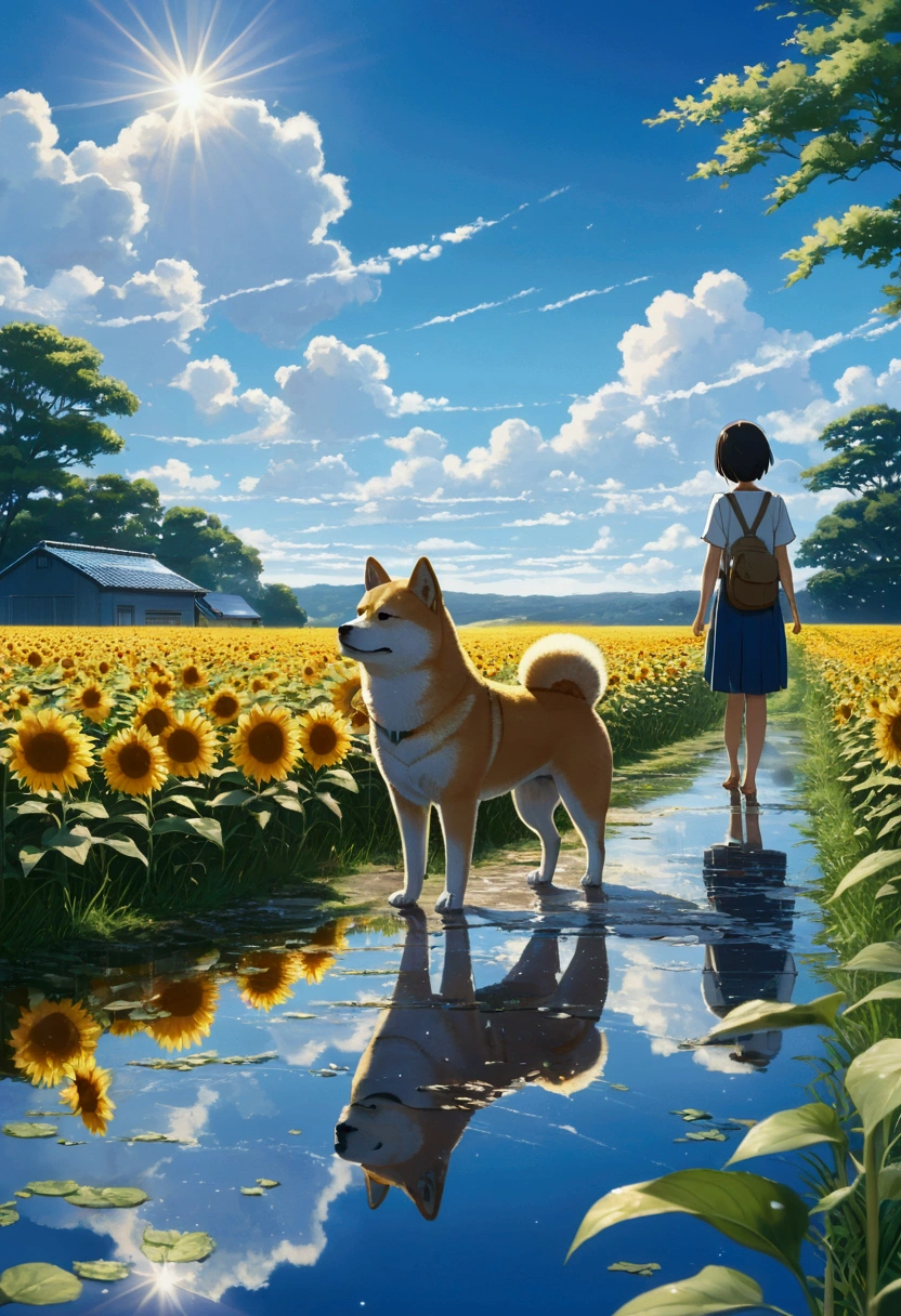 Makoto Shinkai Taste, Beautiful blue sky, Reflection of light,after the rain, a Shiba Inu,Romantic Landscape, Healing scenes, sunflower,