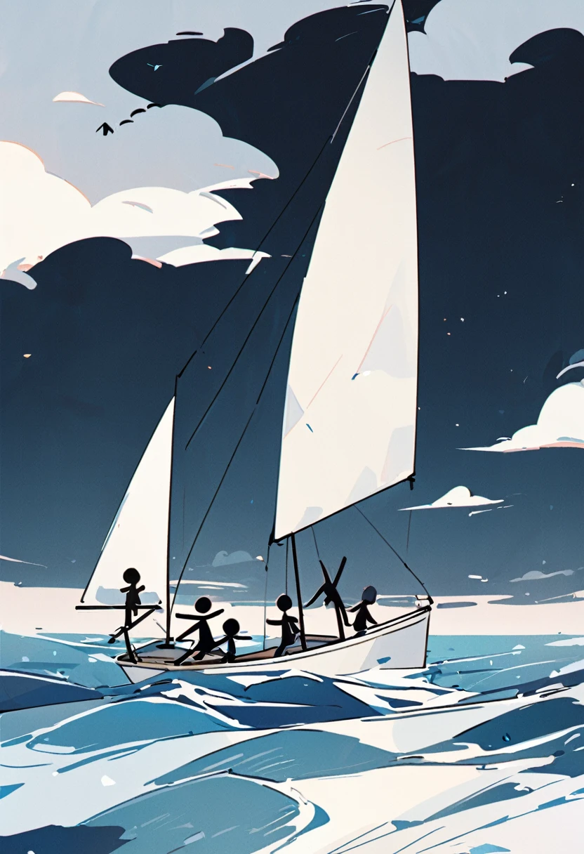 A group of youth,sailboat,Set sail,flat,Simplicity,Highlight Youth,The overall atmosphere is exciting,Energetic,A little simpler,Stick Figure,Based on the second painting