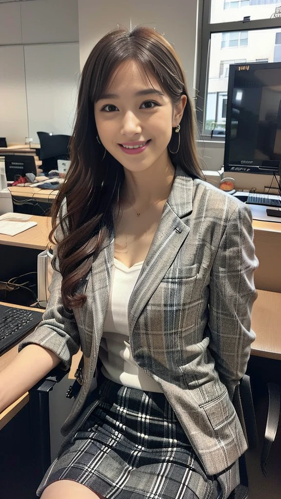 (Japanese Office Lady、25 year old Japanese woman:1.2)、One Woman、Very beautiful woman、(Checked business suit、Gray business suit、Suit skirt:1.3)、Black high heels、Detailed face、Detailed eyes、Beautiful Lips、Beautiful eyes、Semi-long hair、Black Hair、Smiling、Narrow Face、Thin face、Natural Makeup、Beautiful feet、Simple earrings、At the company office、Office with desks and chairs、Office with big windows、Woman walking indoors、((RAW Photos、clear color photos))、Perfect proportions