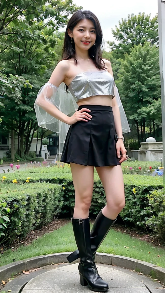 (8K、RAW Photos、Highest quality、masterpiece:1.2)、(Highest quality、Realistic)、1 Girl、((Tube top、mini skirt、Idol Costume、ribbon、See-through、Silver and Black、Thin legs、whole body、boots、garden、View from the front、Looking into the camera、Stand with hands on hips))、cute