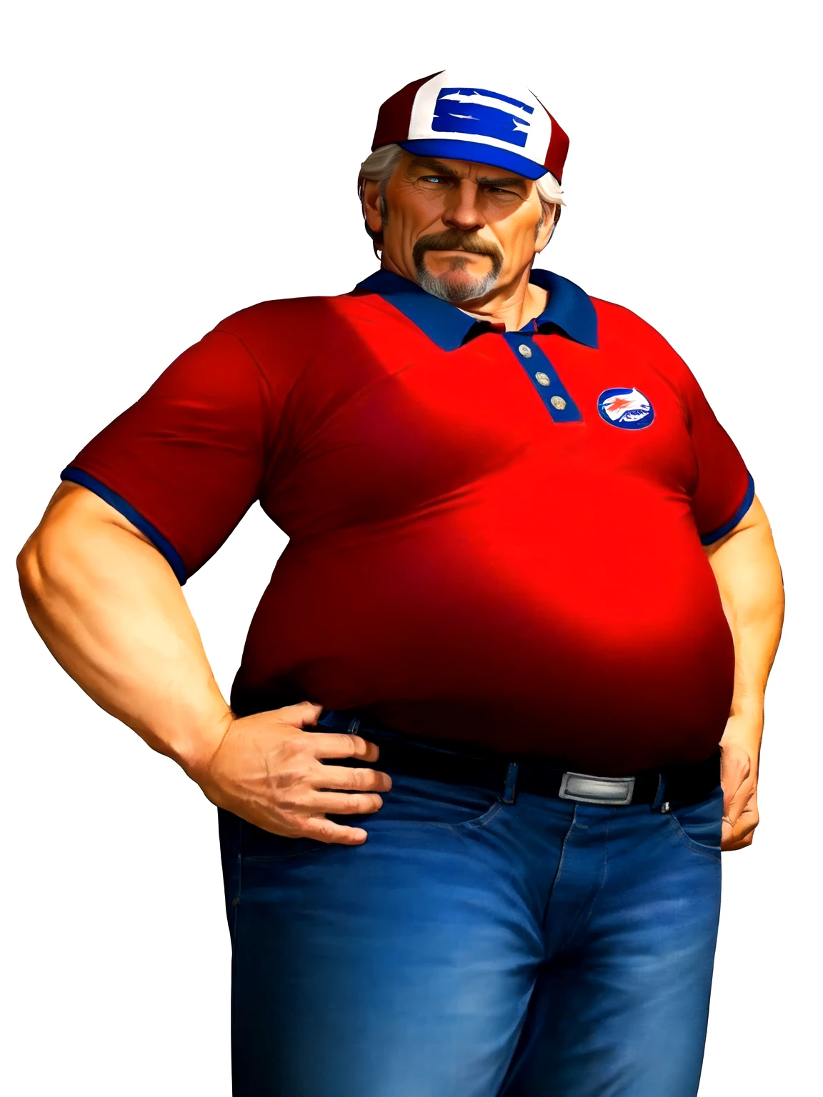 detailed close up of a man in his 60s wearing a red shirt and blue jeans, as a character in tekken, beefy, realistic textures, jeff bridges with a goatee, best friend disappointed by your performance, Out Run 2 flagman, 2 k, 2k, muscular bernie sanders, buff man, character from king of fighters, robust stocky body, hide the pain harold, name of character is flagman, wise face, his cap has a SEGA logo on it, (very short GREY hair), (grey goatee), satisfied face, perplexed expression as in "not bad at all"