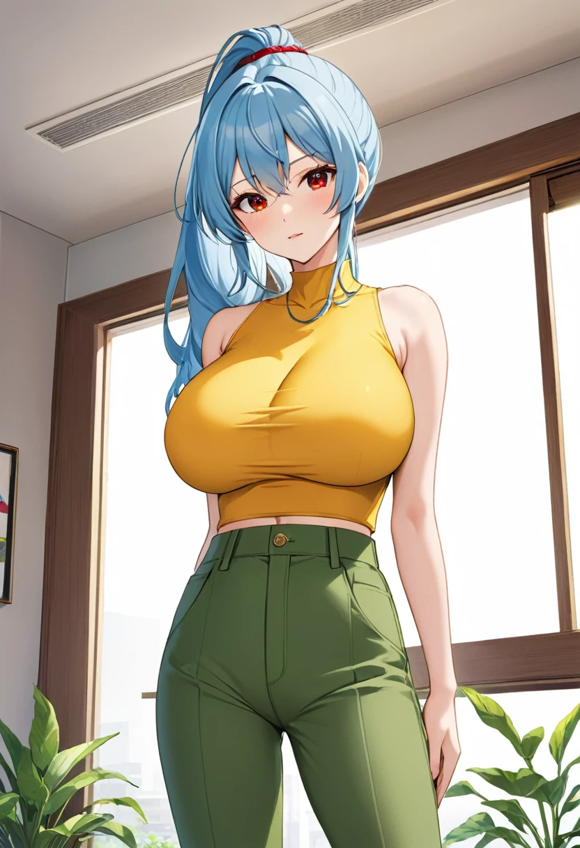 My name is Yukiko.I am a white test woman with long light blue hair,red eye color.I am 1.62 cm tall . My breasts measure 200 cm, my waist 40 cm and my hips 200 cm. Dressed in a yellow top along low-cut with green pants and hair with a low ponytail over my shoulder . With huge breasts 200 cm