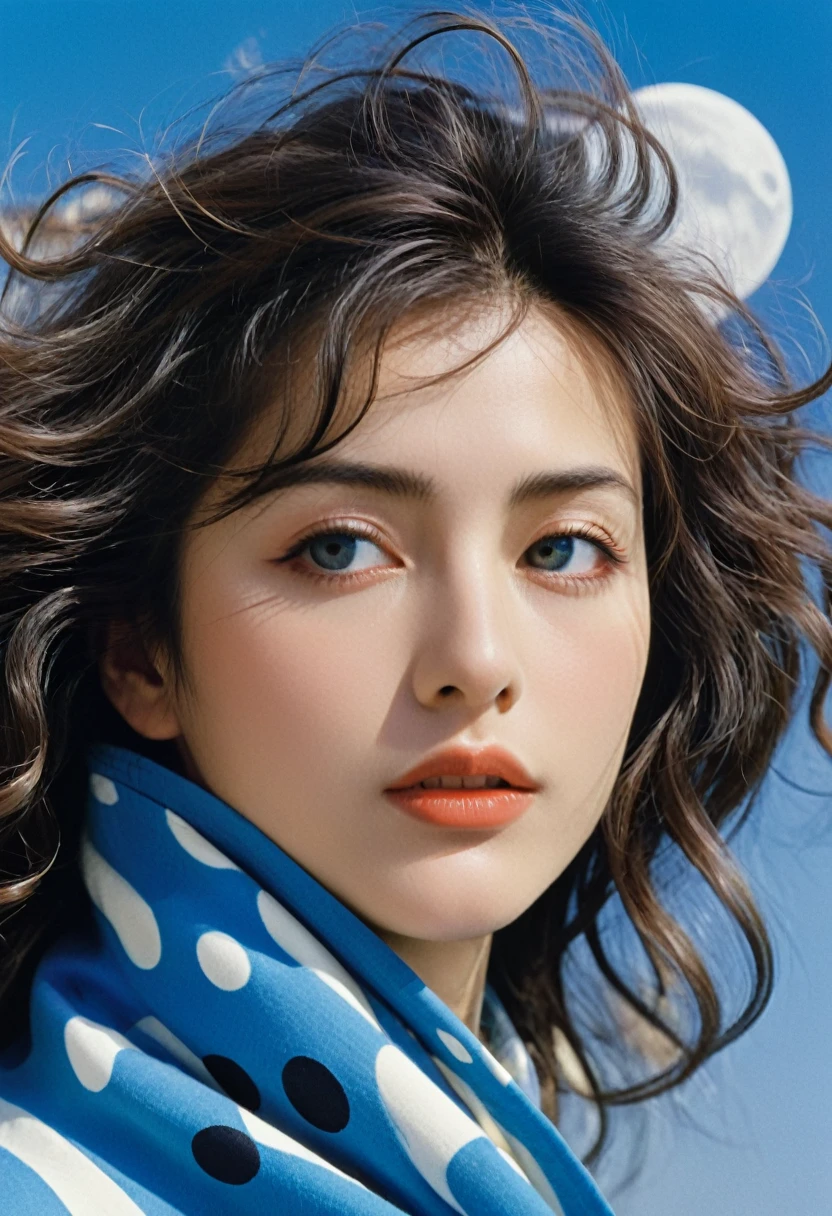 (Beautiful woman half face close-up），(flying long curly hair：1.0），blue moon，Deva Cassel、Brian Bolland and Bridget Riley&#39;s style，Shading，vivid colors hd--c 25--ar 51:91--s 400--v 5.1