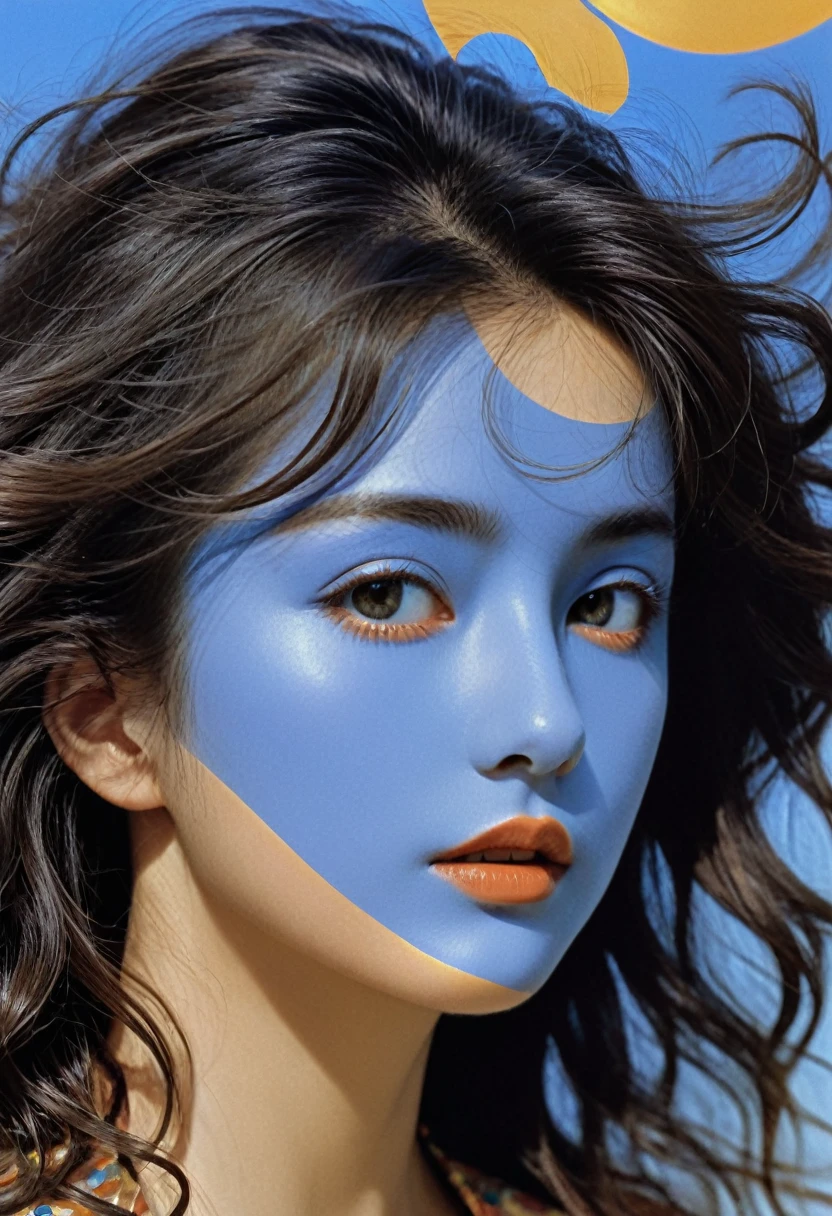 (Beautiful woman half face close-up),(flying long curly hair:1.0),blue moon,Deva Cassel、Brian Bolland and Bridget Riley's style,Shading,vivid colors hd--c 25--ar 51:91--s 400--v 5.1