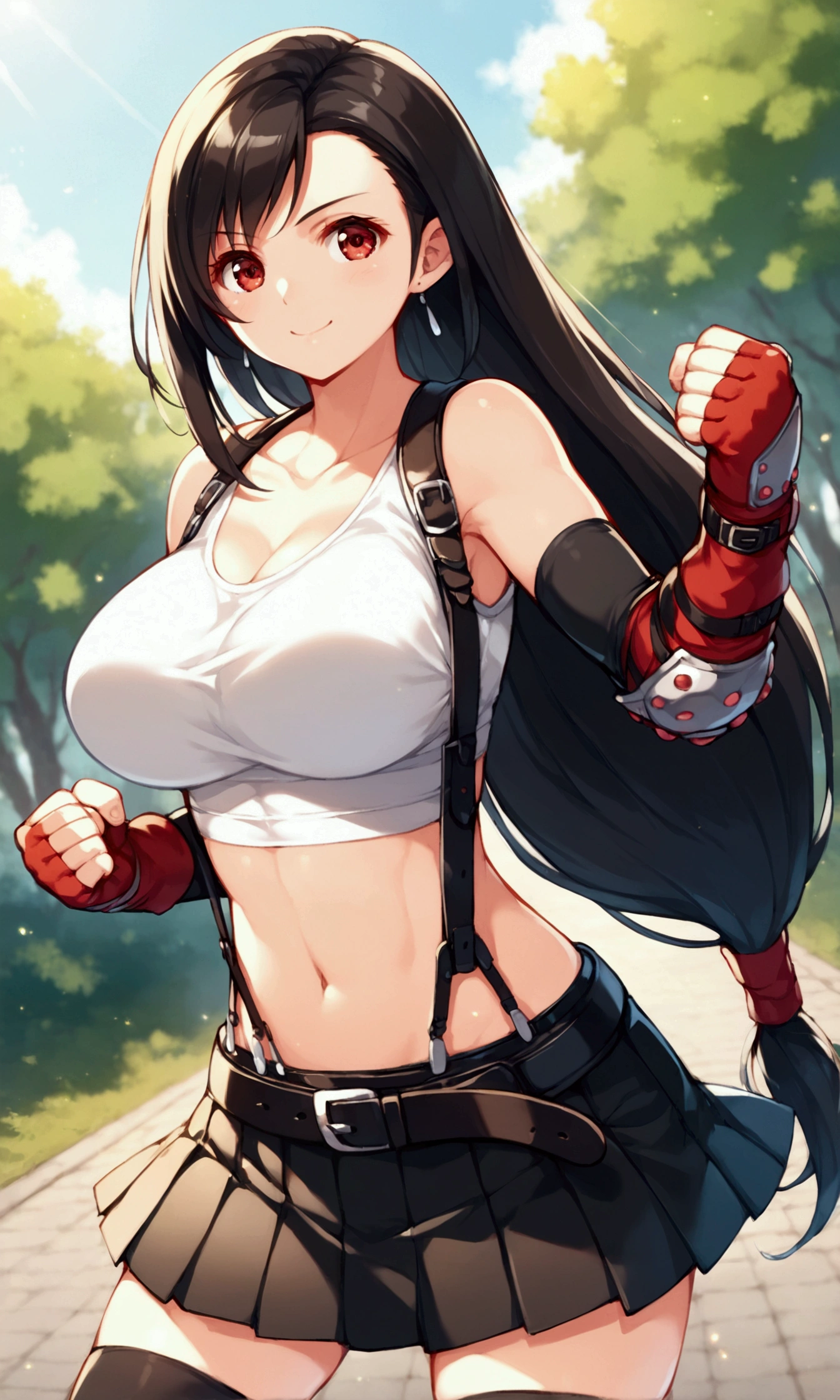 score_9, score_8_up, score_7_up,,BREAK , ,dynamicangle, dynamicpose,,,standing,contrapost, ,,straight-on,Solo ,1girl, tifa lockhart, final fantasy, tareme,black hair, low-tied long hair, red eyes, bangs, (white tank top, belt, pleated skirt, thighhighs, elbow fingerless gloves, elbow pads, midriff, navel,suspender skirt) ,(large_breast),(light smile),fist,fist,daytime,outdoor,(ultra detailed),(best quality),(aesthetic,very aesthetic),UHD,extremely detailed CG unity 8k wallpaper,anime,depth of field,,,
