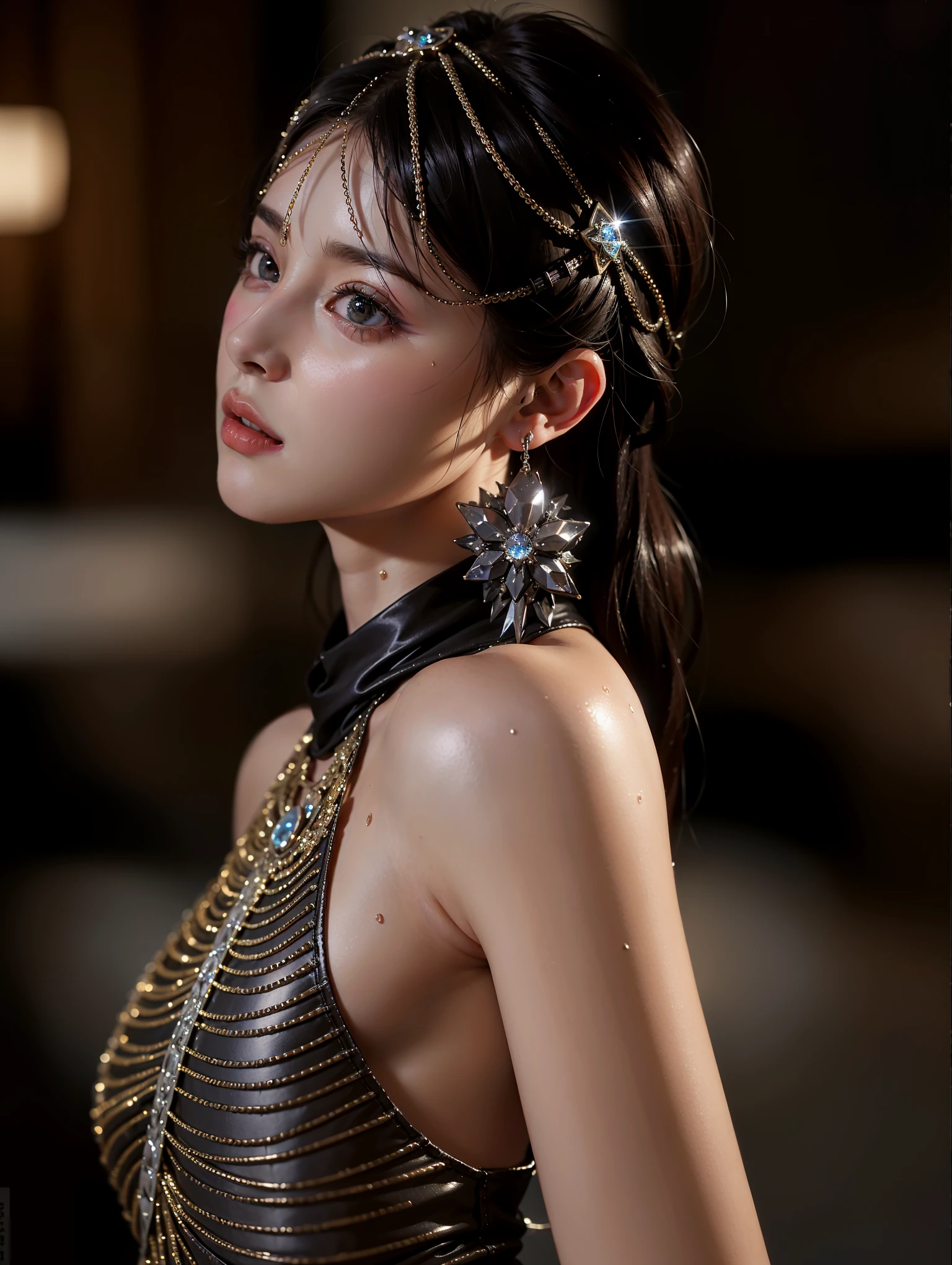 8k quality,Beautiful girl with prominent slim abdominal muscles: 1.4, (((The tip of the nipple protrudes, Areola protrusion, The shape of the abdominal muscles is clearly visible)), Six-pack abs: 1.4, photo, sharpest, Unique 850 4, Koda850K portrait camera, f1.6 Guns, Ultra-realistic textures, Spectacular light textures, Cinestil 800 Fashion Mechanic, Metal shackles, The wet crotch is clearly visible, Swarovski sword,Anatomy, Future Sci-Fi Battle Fashion
