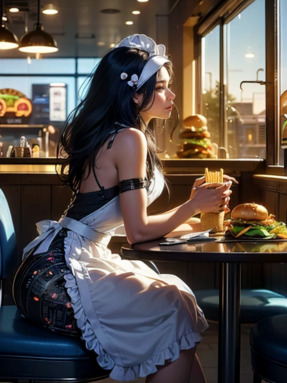 top quality, future world, State-of-the-art robot, Beautiful Woman, flying hair, Transformed into a cyborg except for the face,  Transformed into a cyborg except for the shoulder, sexy images, whole body photo, back view, (((fast food, waitress, apron, burger, fried chip, food tray, table )))