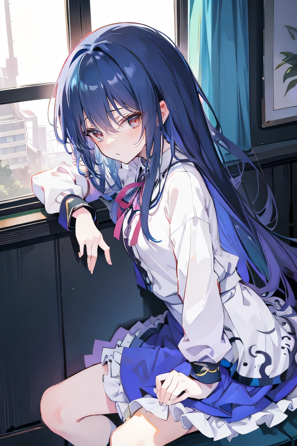 Anime Girl sitting on window sill drinking coffee and looking out the window, (Anime Girl), Anime cute art style, seductive Anime Girl, Beautiful anime high school, Cute girl anime visual, Night Core, Best Girl in Anime, young Anime Girl,dark blue long hair，Sit by the window