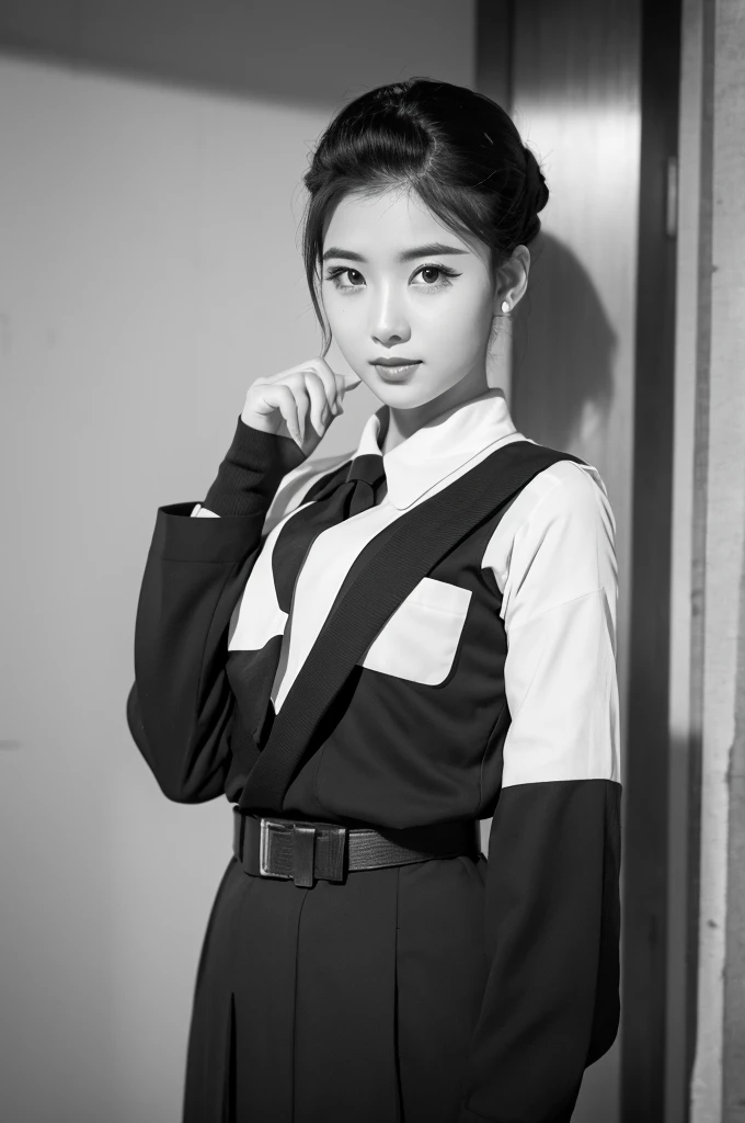Military man Asian black and white 50s uniform