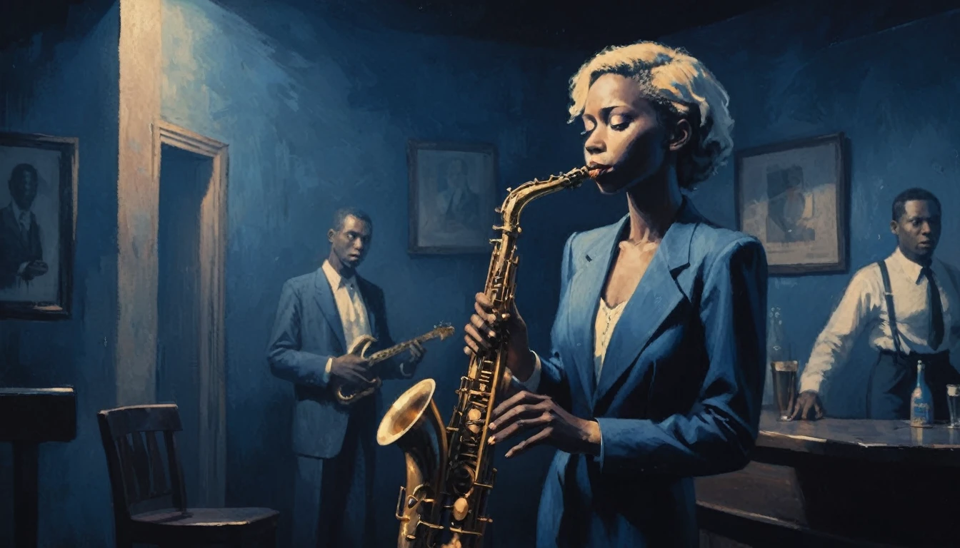 Robert Johnson, Grainy, Alabama Bar, Blue, Charismatic , figure, Black Fantasy, blonde woman, sad ending, Saxophone player