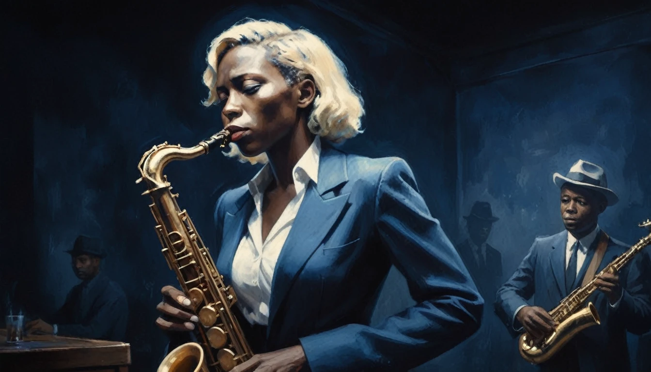 Robert Johnson, Grainy, Alabama Bar, Blue, Charismatic , figure, Black Fantasy, blonde woman, sad ending, Saxophone player