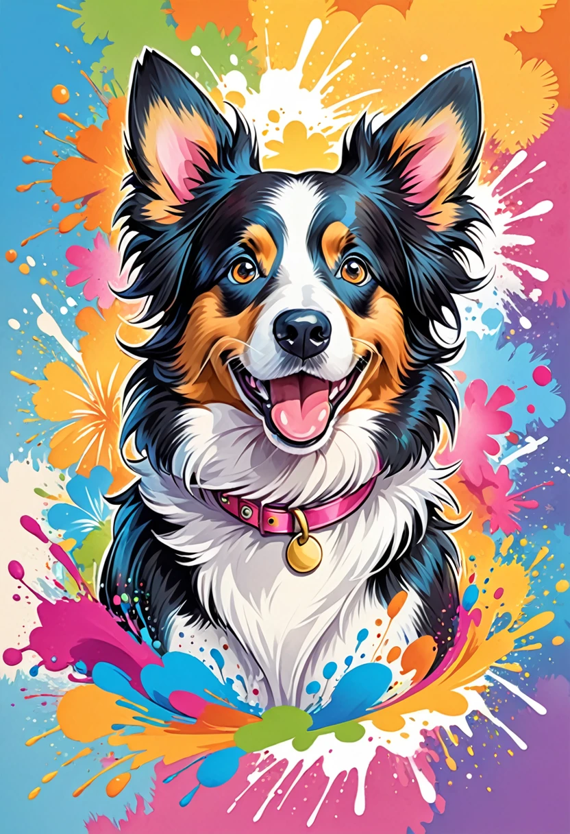 Uma t-shirt designes com arte vetorial, Colorful illustration with many cute border collies, At the center, swirly vibrant colors, paint splashes and smears, high détail,Hawaiian style background, 
t-shirt designes