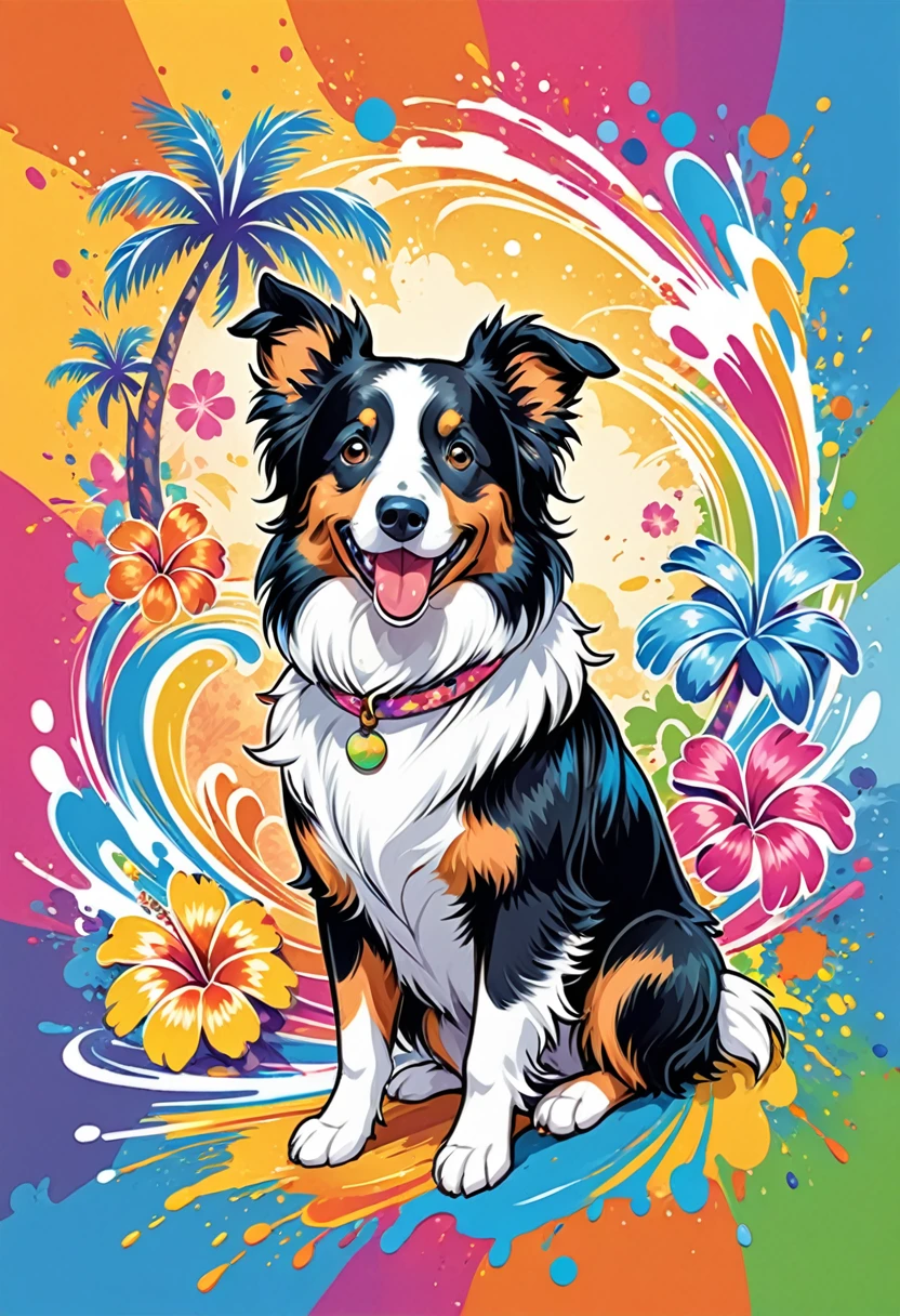 Uma t-shirt designes com arte vetorial, Colorful illustration with many cute border collies, At the center, swirly vibrant colors, paint splashes and smears, high détail,Hawaiian style background,
t-shirt designes