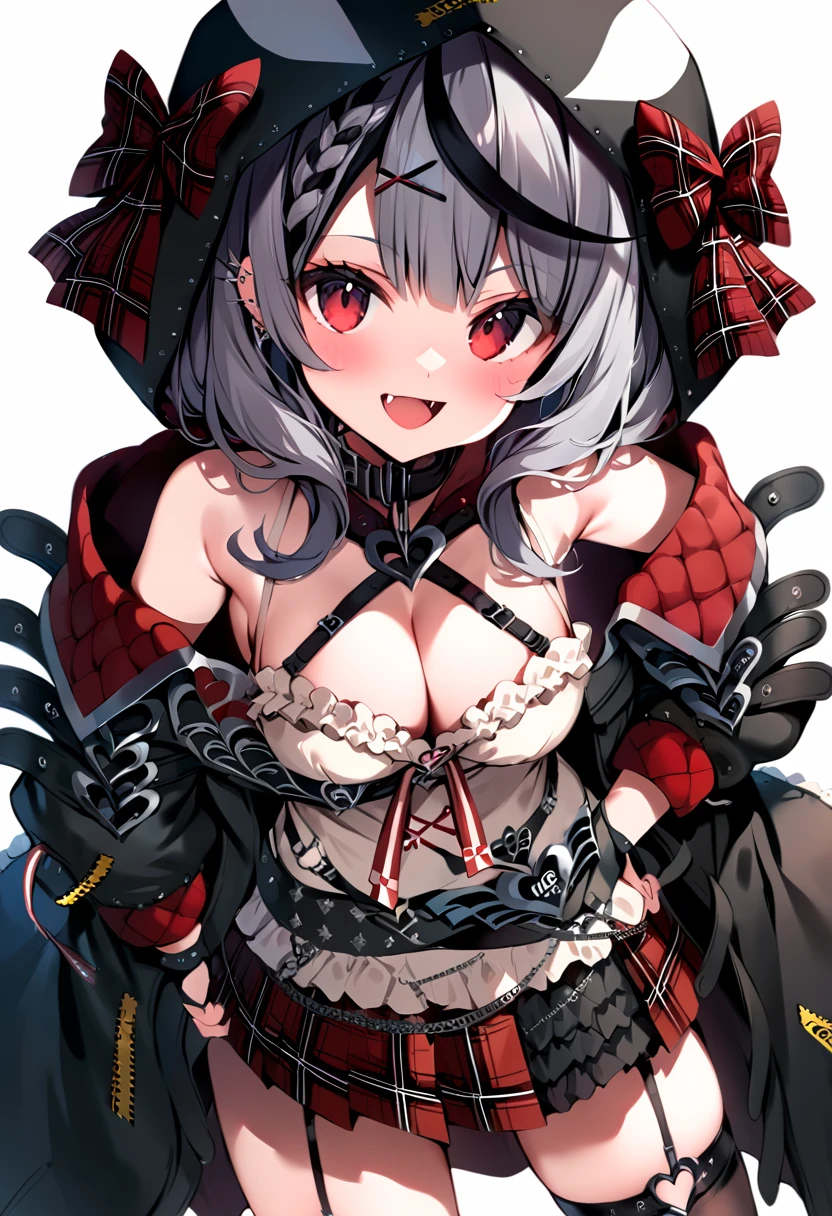 skirt, red eyes, cleavage, gloves, fingerless gloves, grey hair, multicolored hair, looking at viewer, x hair ornament, hood, streaked hair, hand on hip, smile, fang, black gloves, plaid skirt, garter straps, hair ornament, jacket, large breasts, animal hood, sakamata chloe, sakamata_default, bare shoulders