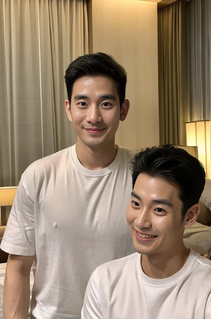 Korean man, Inspiration from Peng Yuyan, 30 years old, 236 years old, Cute Korean Face, 35 yo, 33 year old Korean muscular man,Luxury hotel bedroom, white t-shirt in the background, open mouth smile
