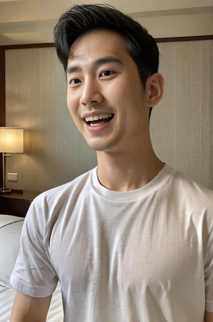 Korean man, Inspiration from Peng Yuyan, 30 years old, 236 years old, Cute Korean Face, 35 yo, 33 year old Korean muscular man,Luxury hotel bedroom, white t-shirt in the background, open mouth smile