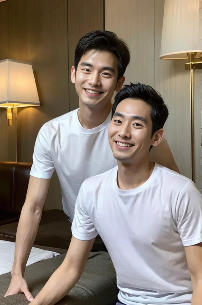 Korean man, Inspiration from Peng Yuyan, 30 years old, 236 years old, Cute Korean Face, 35 yo, 33 year old Korean muscular man，Luxury hotel bedroom, white t-shirt in the background, open mouth smile