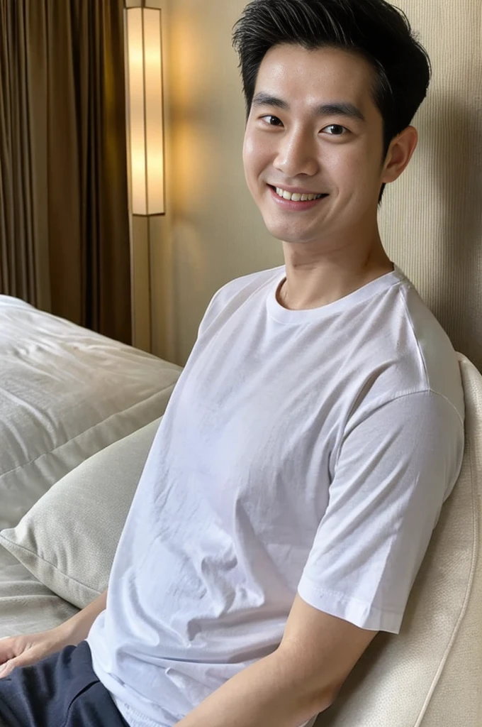 Korean man, Inspiration from Peng Yuyan, 30 years old, 236 years old, Cute Korean Face, 35 yo, 33 year old Korean muscular man，Luxury hotel bedroom, white t-shirt in the background, open mouth smile