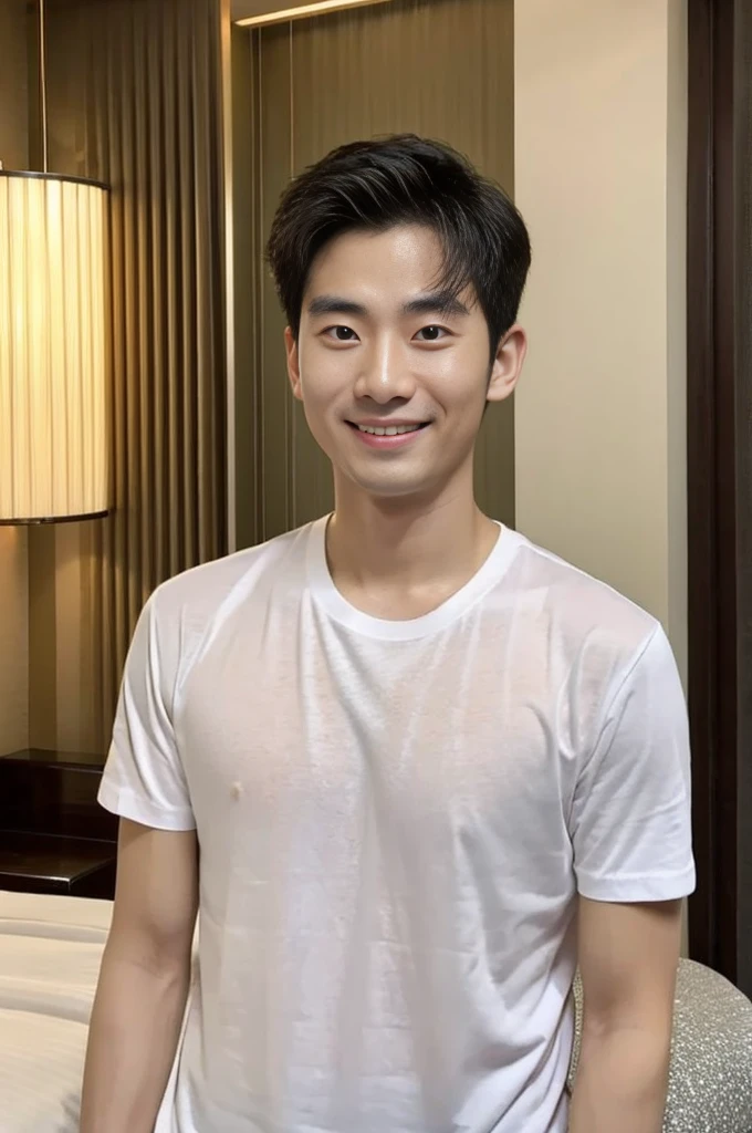 Korean man, Inspiration from Peng Yuyan, 30 years old, 236 years old, Cute Korean Face, 35 yo, 33 year old Korean muscular man,Luxury hotel bedroom, white t-shirt in the background, open mouth smile