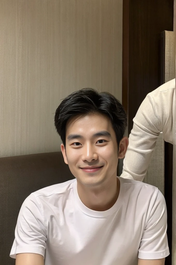 Korean man, Inspiration from Peng Yuyan, 30 years old, 236 years old, Cute Korean Face, 35 yo, 33 year old Korean muscular man,Luxury hotel bedroom, white t-shirt in the background, open mouth smile