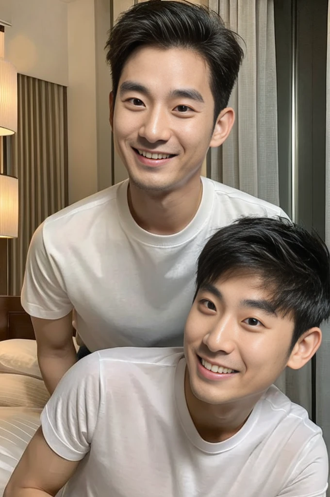 Korean man, Inspiration from Peng Yuyan, 30 years old, 236 years old, Cute Korean Face, 35 yo, 33 year old Korean muscular man，Luxury hotel bedroom, white t-shirt in the background, open mouth smile