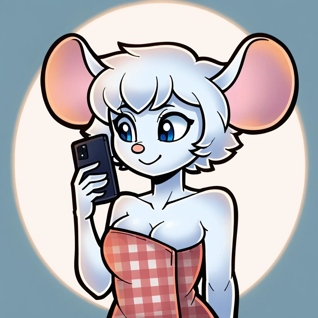 score_9, score_8_up, soft lighting, 1girl, white ((mouse)), (((mobian))), blue eyes, ((fluffy white skin and fur, white short hair)), medium breasts, sexy, smile, wrapped in towel, holding phone, face shot