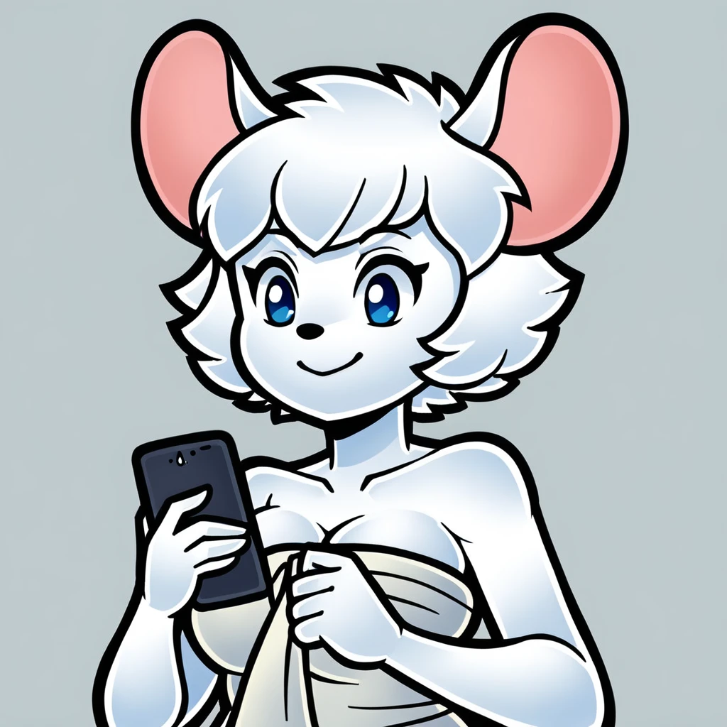 score_9, score_8_up, soft lighting, 1girl, white ((mouse)), (((mobian))), blue eyes, ((fluffy white skin and fur, white short hair)), medium breasts, sexy, smile, wrapped in towel, holding phone, face shot