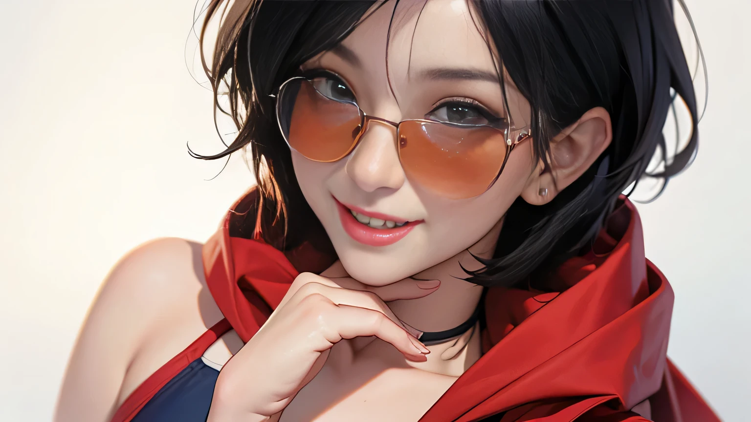 (masterpiece, best quality, 8k wallpaper, high resolution, ultra-realistic) One woman, Japanese girl, 18 years old, bob cut, smiling, sunglasses, long red scarf around neck, (masterpiece: 1.2, best quality), (realistic, photorealistic: 1.4), (masterpiece, best quality), staring at you, navy blue school swimsuit, cleavage, D cup, sexy pose, dynamic angle, full body, best proportions, white skin, black hair, looking forward, smiling, 1970s sunglasses, background is bright, smiling