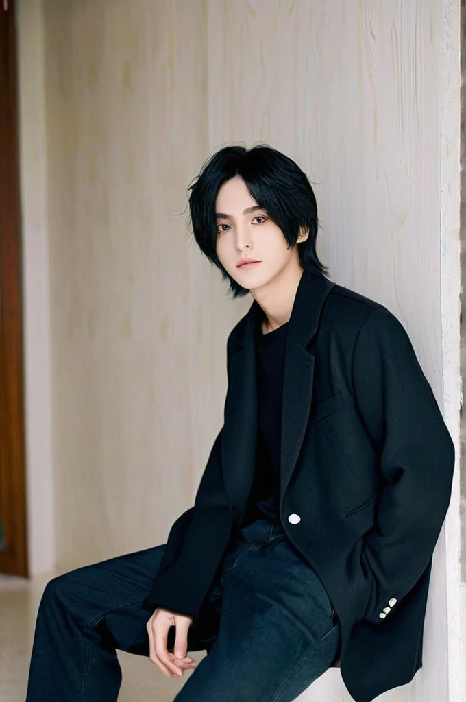 One boy、Young man with black hair(Mash Straight)((Long Hair)),With nape、Long enough to cover the earale K-Pop Idols、Levi Ackerman、Medium portrait、chop、Beautiful Model、Oval Face、Vivid、Cafe、(In a dark room)、The whole body is shown、((Full body photo))