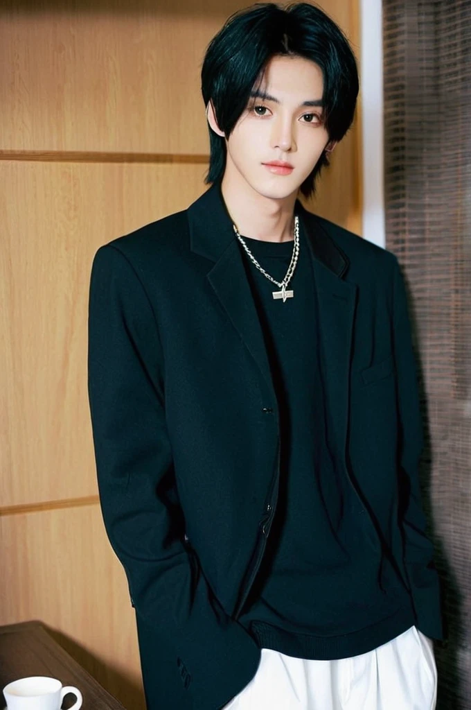 One boy、Young man with black hair(Mash Straight)((Long Hair)),With nape、Long enough to cover the earale K-Pop Idols、Levi Ackerman、Medium portrait、chop、Beautiful Model、Oval Face、Vivid、Cafe、(In a dark room)、The whole body is shown、((Full body photo))