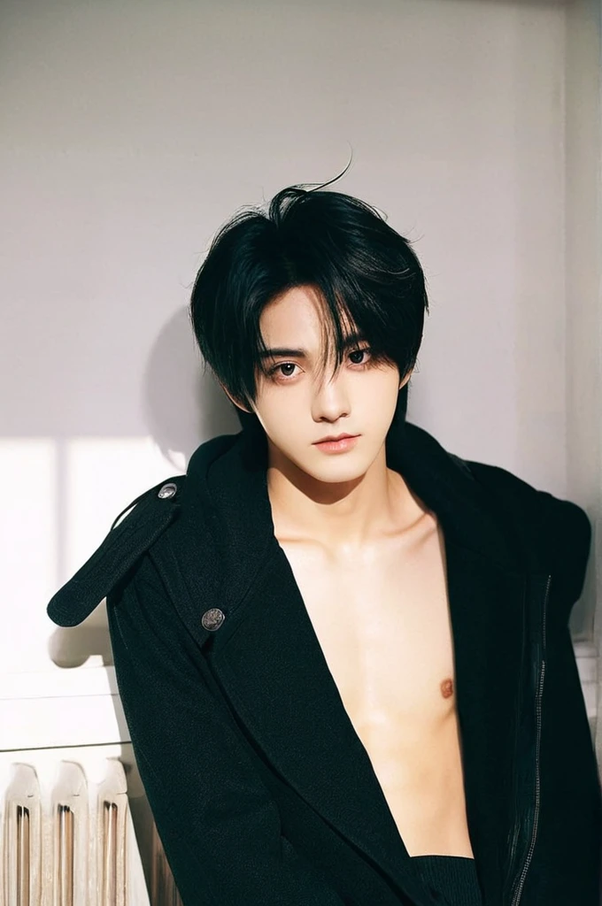 One boy、Young man with black hair（Mash Straight)((Long Hair)），With nape、Long enough to cover the earale K-Pop Idols、Levi Ackerman、Medium portrait、chop、Beautiful Model、Oval Face、Vivid、Cafe、（In a dark room）、The whole body is shown、((Full body photo))