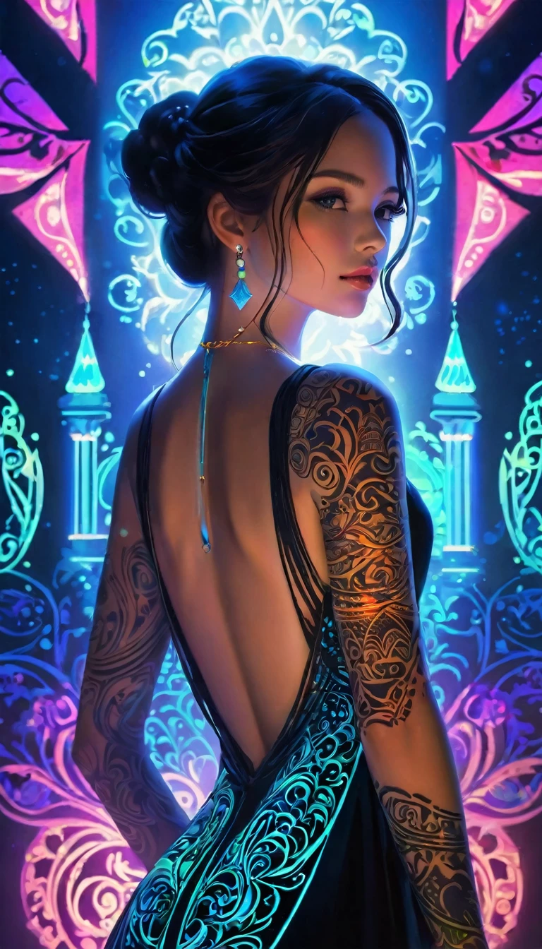 A princess,glowing tattoo,Complex geometry, Colorful blur, Evening dress,abstract backgrounds。shadows and highlights,subtle reflections,charming body,Black light art,fluorescent art,glow in the dark art,dark temptation,The beauty of tattoos,Neon lights,Enchanting fantasy。(best quality,4k,8k,highres,masterpiece:1.2),ultra-detailed,(realistic,photorealistic,photo-realistic:1.37)。