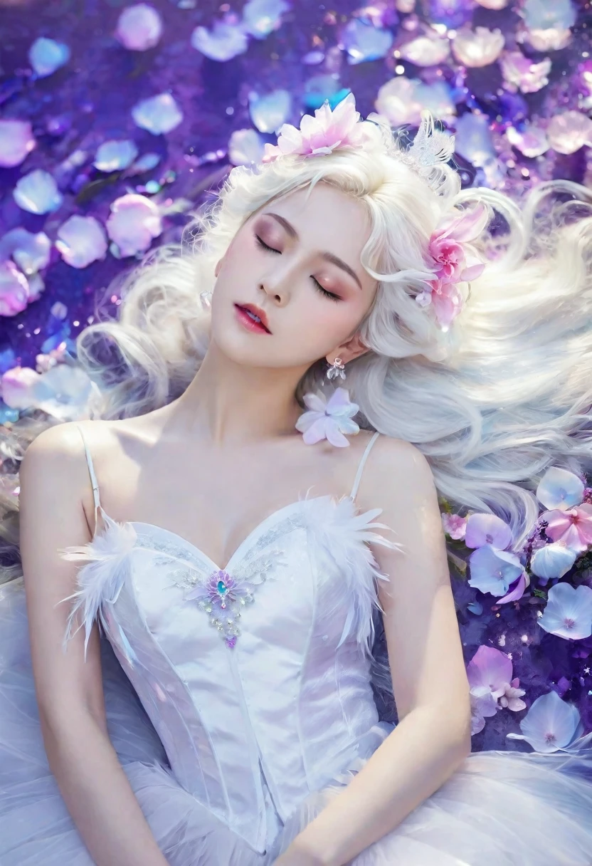 Masterpiece,Dazzling multicolored light,ultra detailed,A girl.,In the flowers,**** a sleeping princess,Earrings,White feather tulle,Long white eyelashes,Extra-long hair is slightly curly,White hair,(Hair takes up the entire frame),a charming face,Glowing lips,clavicle,Shoulder exposure,Floating petals,Dreamy and beautiful,The characters are thick and painted.,Fine strokes,Wallpaper,The background is graded with white and purple,anime aesthetic,Poolcoreanime beauty,Hyperrealism,sparkle,textured skin,super detail,best quality,8k,
,