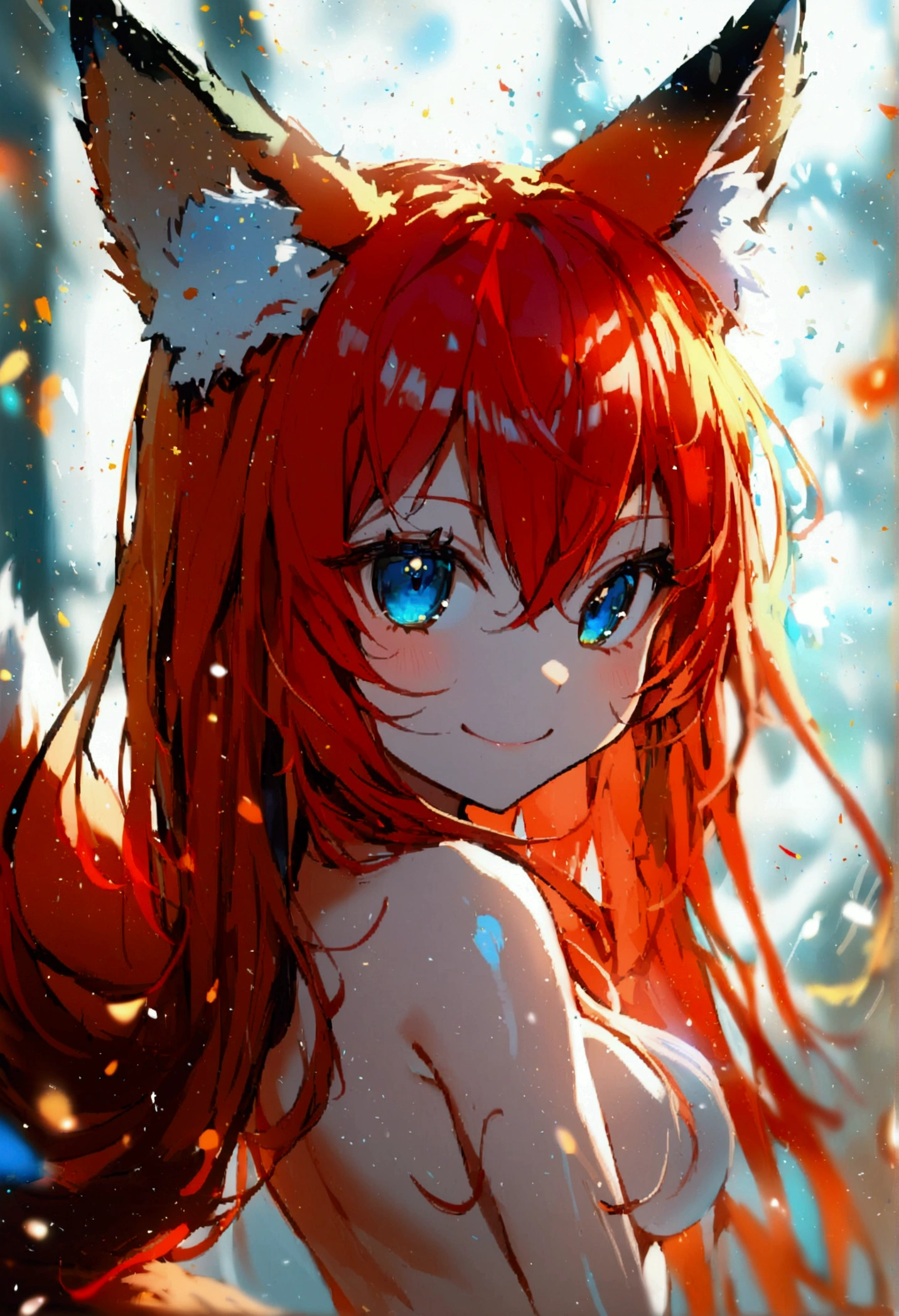 1girl with long red hair, amber eyes, fox ears, slender body, ,fox tail, nude, smiling, chibi style, simole background