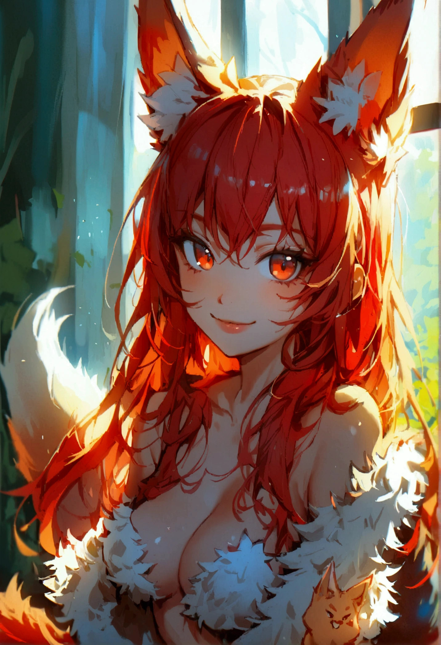 1girl with long red hair, amber eyes, fox ears, slender body, ,fox tail, nude, smiling, chibi style, simole background