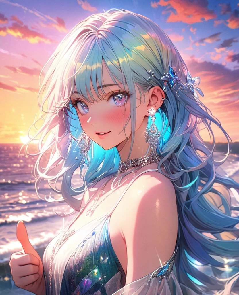 8K,gal,an extremely delicate and beautiful,Beautiful and realistic skin,Shiny jewel-like earrings,Long colorful hair,beautiful eyes,thumbs up,beautiful sunset