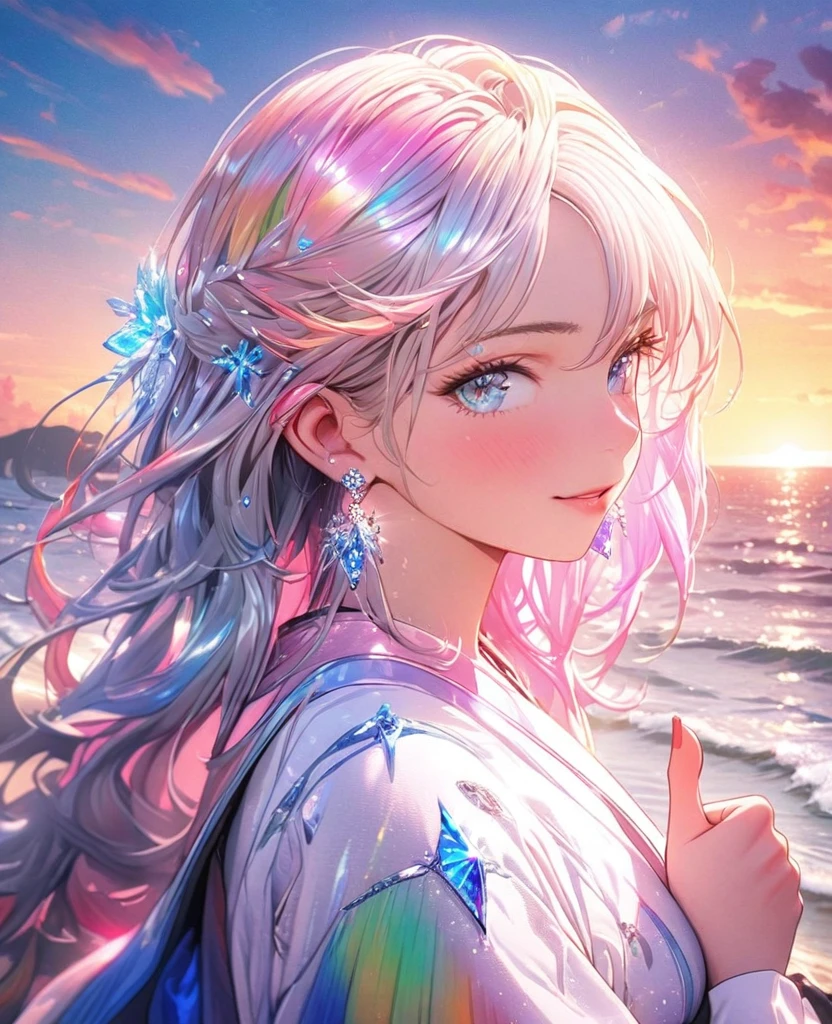 8K,gal,an extremely delicate and beautiful,Beautiful and realistic skin,Shiny jewel-like earrings,Long colorful hair,beautiful eyes,thumbs up,beautiful sunset